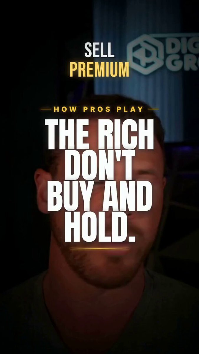The image features a man with a beard wearing a grey shirt who appears to be a professional poker player or a stockbroker. He has his face partially obscured by a black background. The text displayed below him reads "Sell Premium How Pros Play The Rich Don't Buy and Hold. If the asset drops, they've got cash ready to cover the put and average in lower. If it climbs, they". This message is related to the post about selling premium shares or options for a higher return on investment.
