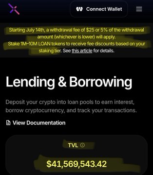 The image displays the Lending & Borrowing section of the LOAN Protocol website, featuring a Total Value Locked (TVL) of $41,569,543.42, along with fee adjustment notices for withdrawals and staking tiers (e.g., 1M-10M LOAN) starting July 14th. It supports the post's message by highlighting the protocol's substantial TVL and staking benefits, reinforcing the appeal of staking $LOAN long-term (4 years) while token prices remain low.