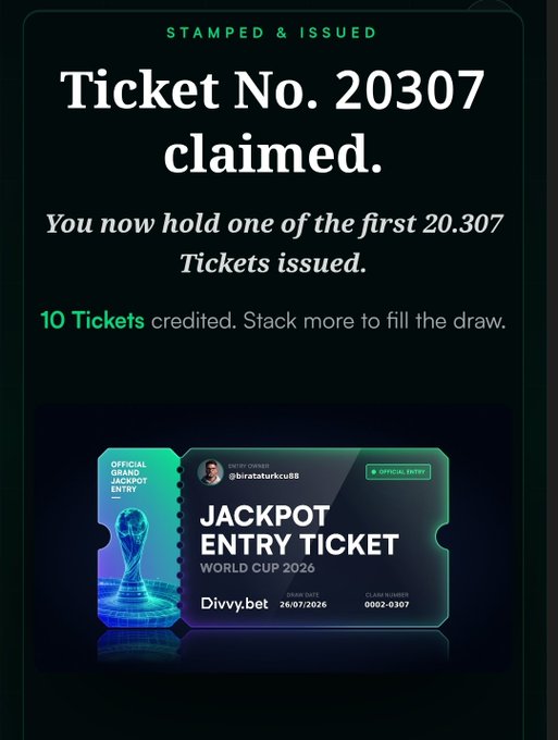 The image shows a ticket for the World Cup that has been claimed by someone named @DivvyBet, who posted about it on social media. The ticket was issued before the World Cup kicked off, and it includes details such as the prize pool size, weekly payouts, and a grand jackpot amount. The post also mentions that the prize pool is across weekly drops, and there's a streak payout system in place for players who win multiple times.