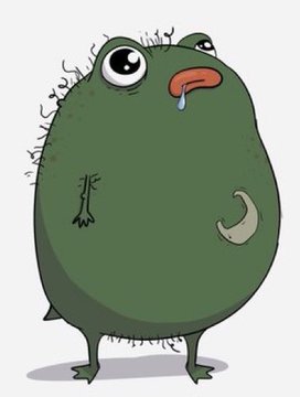 A cartoon illustration of a green, furry, blob-like monster with large eyes, a runny red nose, and a small smile, standing on thin legs.
