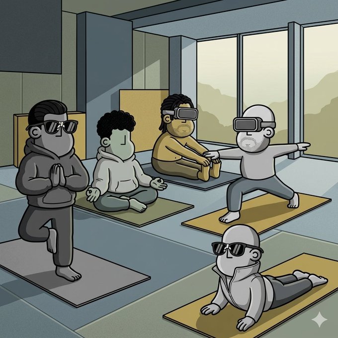 Illustration of five characters in various yoga/meditation poses wearing sunglasses and VR headsets in a modern room.