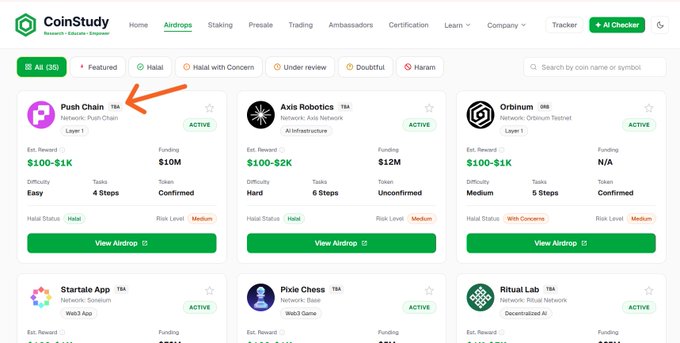 The image shows the CoinStudy airdrops page featuring Push Chain, which is highlighted with a "Layer 1" network, "$100-$1K" estimated reward, "$10M" funding, and an "Active" status, with a Halal rating of "Medium" risk and "4 Steps" of easy tasks required for participation.