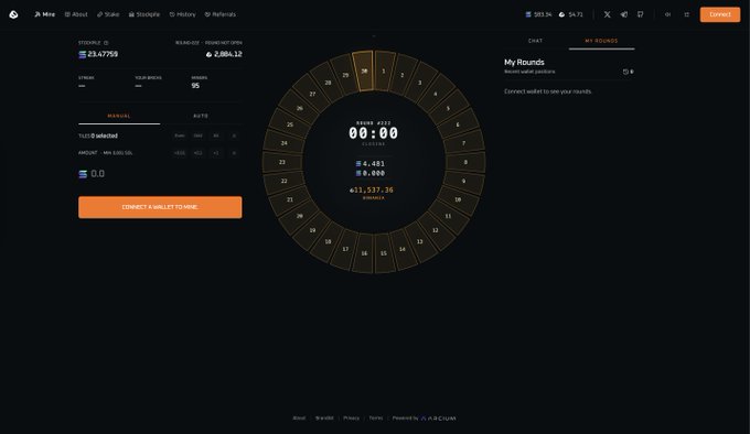 The image displays a website with a timer that shows the time remaining before a set duration expires, as well as some other details about the site. There is a caption below this image providing an explanation of the timing system or feature, suggesting that ZINC has provided 3.5M in volume within under 24h and is powered by Arcium Umbra x Streamflow partnership. The site also emphasizes privacy and encryption to protect user data.