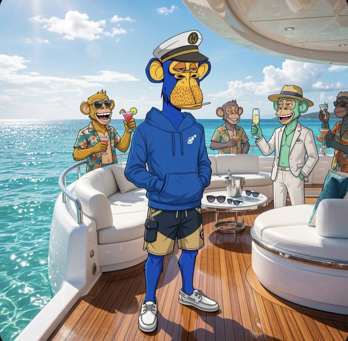 A cartoon scene on a yacht featuring a blue anthropomorphic ape wearing a captain's hat and blue hoodie, surrounded by other monkey characters in Hawaiian shirts drinking cocktails.