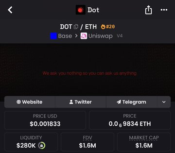 A cryptocurrency tracking app screenshot displaying the 'Dot' token (DOT/ETH) on Uniswap V4 via Base network, with a price of $0.001833 USD (0.0...9834 ETH), $280K liquidity, and $1.6M FDV/market cap.