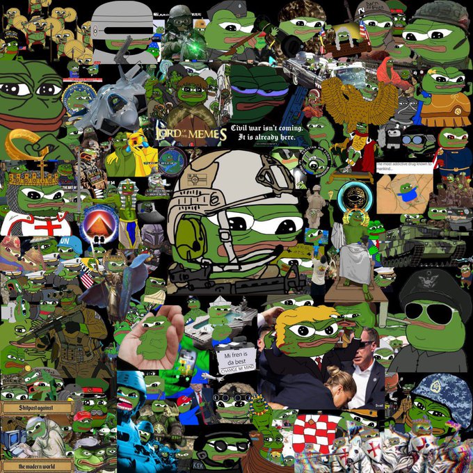 A collage of various Pepe the Frog meme images depicting him in military gear, historical settings, and pop culture references, with visible text including 'LORD OF THE MEMES', 'Civil war isn't coming. It is already here.', and 'Stupid against'.