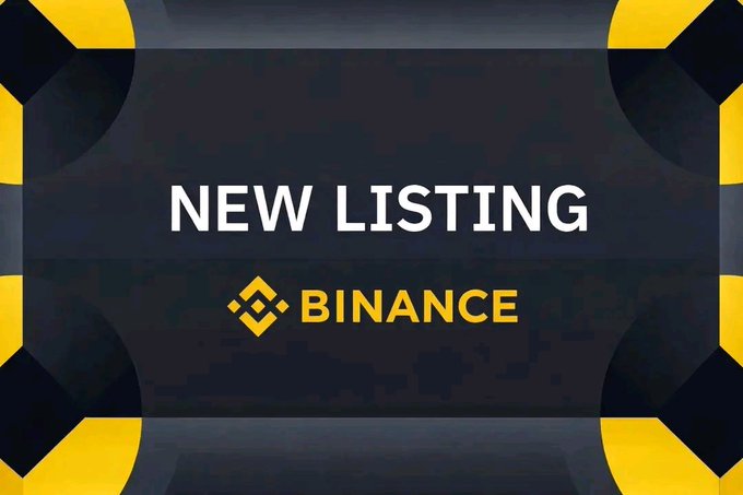 The image is a Binance "NEW LISTING" announcement graphic featuring the Binance logo on a dark background with yellow geometric accents, suggesting the upcoming listing of one of the cryptocurrencies mentioned in the post, such as $KAS, $DOG, $BONKE, $PI, or others.