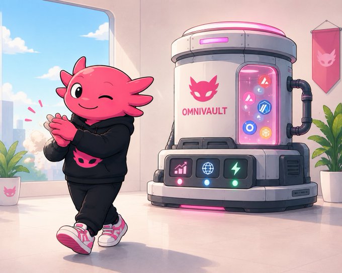 A pink axolotl mascot in a black "OMNIVAULT" hoodie claps excitedly next to a futuristic vault machine labeled "OMNIVAULT" featuring colorful crypto token icons and glowing status indicators, illustrating the post's message about effortlessly setting up an automated OmniVault for market making and cross-chain liquidity management in just minutes.