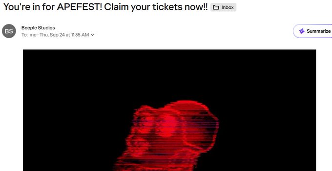 An email inbox screenshot shows a message from Beeple Studios with the subject 'You're in for APEFEST! Claim your tickets now!!' featuring a red stylized ape head image.