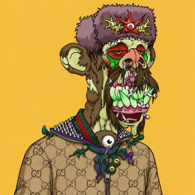 A psychedelic cartoon illustration of a grotesque character with a purple fur hat, exaggerated facial features, sharp teeth, and a Gucci-patterned jacket on a yellow background.