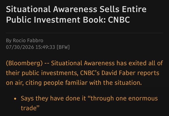 A news article headline reads 'Situational Awareness Sells Entire Public Investment Book: CNBC' by Rocio Fabbro, dated 07/30/2026, reporting that Situational Awareness has exited all public investments through one enormous trade.