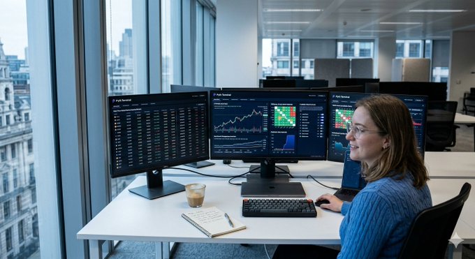 A woman works at a desk with two computer monitors, a keyboard, and a coffee cup, surrounded by office equipment and natural light from a large window overlooking the city skyline.