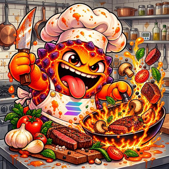 A cartoon lava monster wearing a chef's hat and apron with a Solana logo, holding a knife and pan while cooking steak with vegetables in a fiery kitchen scene.