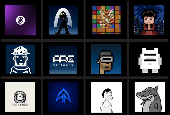 A grid of 12 NFT project thumbnails from the ARC ecosystem, displaying pixel art and character logos for projects including Orixa (O), Kynera, ArcAngels, 8bitarc, ARChitects, ArcCitizens, ArcPunks, and Arclings, visually representing the creator's watchlist of upcoming ARC NFT projects.