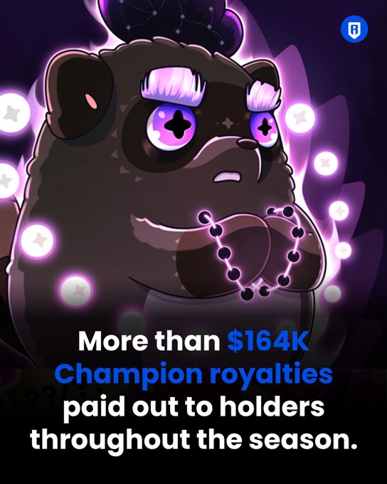 The image features a cartoon bear with purple eyes, wearing a crown and holding a necklace. The caption below the image reads "Grand Arena Champions earned BIG in Season 1 Who's aiming to become a Champion in Season 2." This suggests that the bear is a character from a video game or animated series, and its appearance and actions are related to the content of the post.