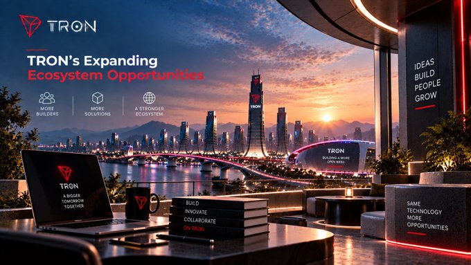 A promotional banner for 'TRON' titled 'TRON's Expanding Ecosystem Opportunities,' showing a futuristic city skyline at sunset, a bridge, and a workspace with a laptop and books labeled 'BUILD INNOVATE COLLABORATE ON TRON'.