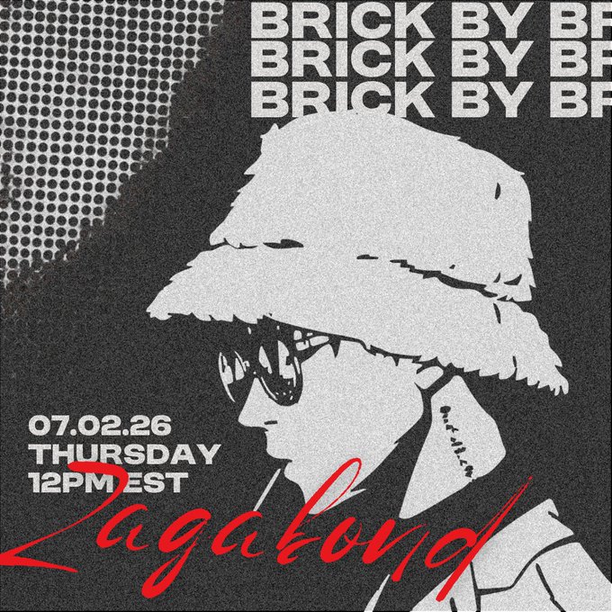 A black and white halftone promotional graphic features a stylized portrait of a person wearing a bucket hat and sunglasses, with bold text reading "BRICK BY BRICK" repeated at the top and the red script "Zagabond" overlaid at the bottom. The event details "07.02.26 THURSDAY 12PM EST" appear on the left, advertising the upcoming Twitter Spaces conversation about the evolution of the NFT space since Azuki's 2022 mint.