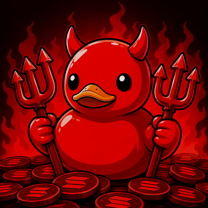 Cartoon illustration of a red devil duck character holding two red tridents, sitting among a pile of red cryptocurrency coins against a flaming background.