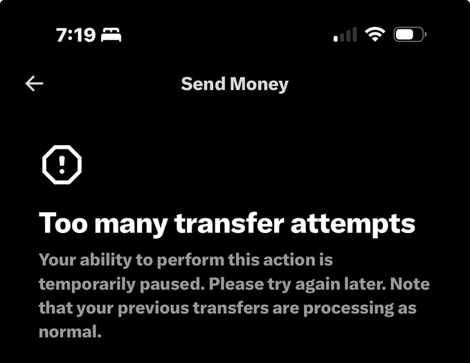 A mobile app screen displaying a 'Send Money' error message that reads 'Too many transfer attempts', stating the action is temporarily paused.