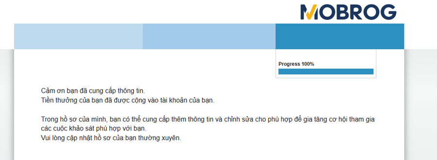 A Vietnamese-language Mobrog confirmation page showing "Progress 100%" and a thank-you message stating "Cảm ơn bạn đã cung cấp thông tin" (Thank you for providing information), indicating the user has successfully completed a survey and earned rewards, aligning with the post's claim of earning 3.75 USDC for 5 minutes of survey work.
