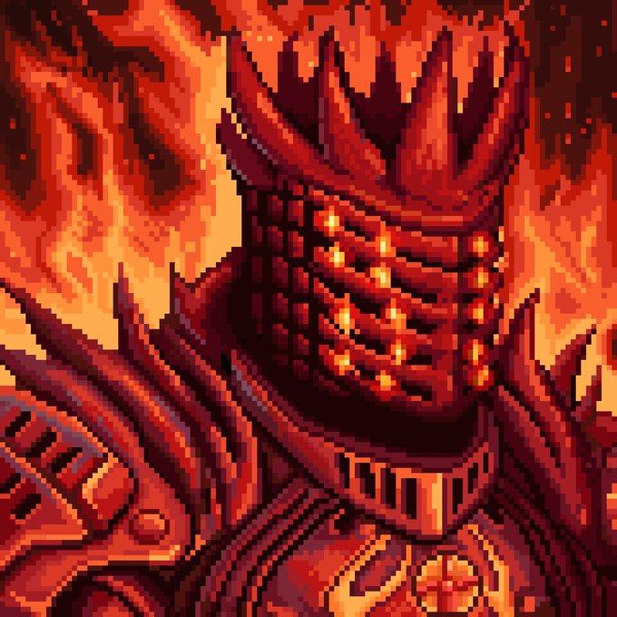 Pixel art depicting a dark, armored figure wearing a horned helmet with glowing orange eyes and mouth, set against a fiery red background.