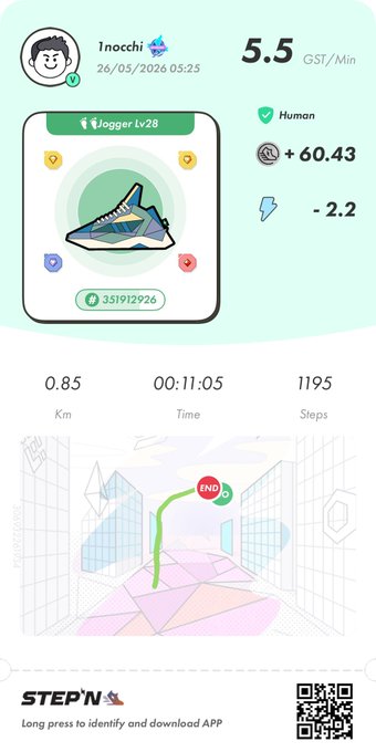 The image shows a poster for an app called "StepN", which appears to be a fitness tracking app. The poster features a cartoon character wearing sneakers, with the text "StepN" written above them. Below this, there are two lines of text that read "StepN identifies long distances and downloads apps". This suggests that the app is designed for users who want to track their physical activities or distances traveled during their daily routines.