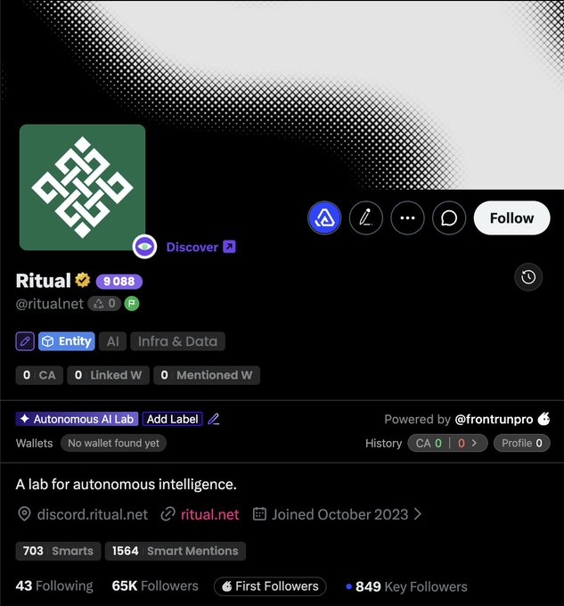 A dark-mode profile page from a platform (likely Kaito) for an account named 'Ritual' (@ritualnet) with a green and white geometric logo, tagged with 'Autonomous AI Lab,' 'Entity,' 'AI,' and 'Infra & Data'; the bio reads 'A lab for autonomous intelligence,' with links to discord.ritual.net and ritual.net, showing '65K Followers,' '1564 Smart Mentions,' and '703 Smarts.'