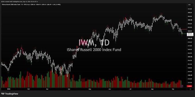 A daily candlestick chart of the iShares Russell 2000 Index Fund (IWM) ETF, showing price action from September 2024 through September 2025 with the current price near $238.40 and a 2.45% decline ($-5.99). The chart displays notable resistance around the $260 level and a descending trend in recent months, supporting the $IWM analysis post about the small-cap ETF's price movement.