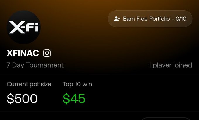 A screenshot of the XFINAC 7 Day Tournament shows a current pot size of $500 with a top 10 win prize of $45 and 1 player joined, illustrating the free entry tournament option available on the Arena platform.