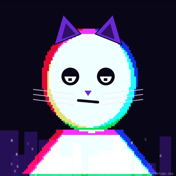 Pixel art illustration of a white cat with purple ears and a blank, unamused expression against a dark city skyline background.
