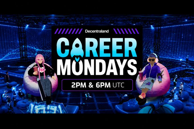 The image is a vibrant promotional banner for "Decentraland Career Mondays," set in a futuristic virtual theater with glowing blue lights and avatars lounging on pink bean bags. The text highlights "CAREER MONDAYS" with a small ghost-like figure in the lettering, alongside "2PM & 6PM UTC" as the event times, tying into the post's promotion of the Web3 Jobs Decoded workshop at the Decentraland Theatre.