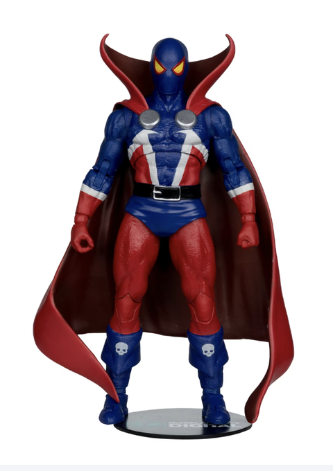 An action figure of a blue and red costumed superhero character with a flowing red cape, yellow eyes, and silver chest discs, displayed on a stand.