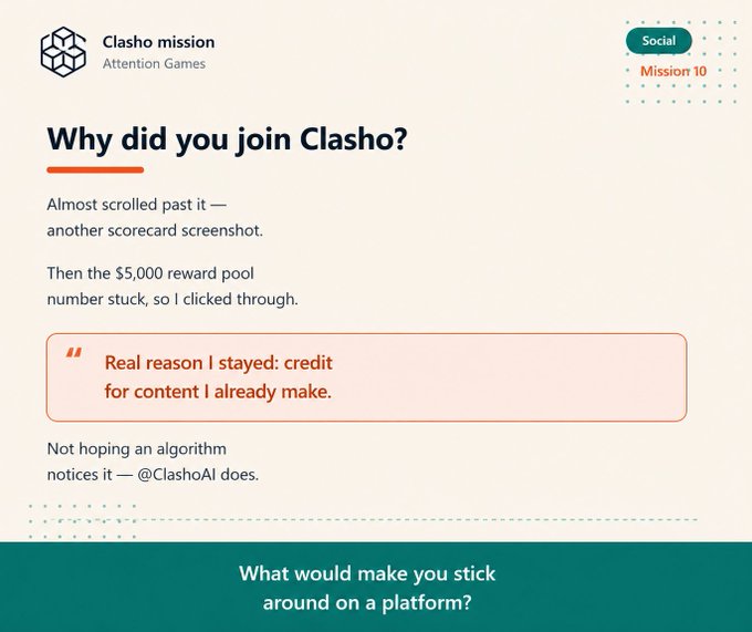 A Clarsho mission post titled 'Why did you join Clarsho?' (Mission 10) describing how a $5,000 reward pool and credit for existing content drew the user in.