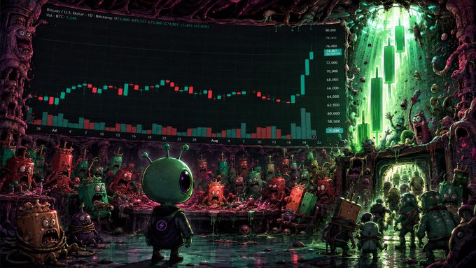 AI-generated digital artwork depicting a green alien character watching a cryptocurrency price chart displayed in a cave-like environment filled with other creatures.