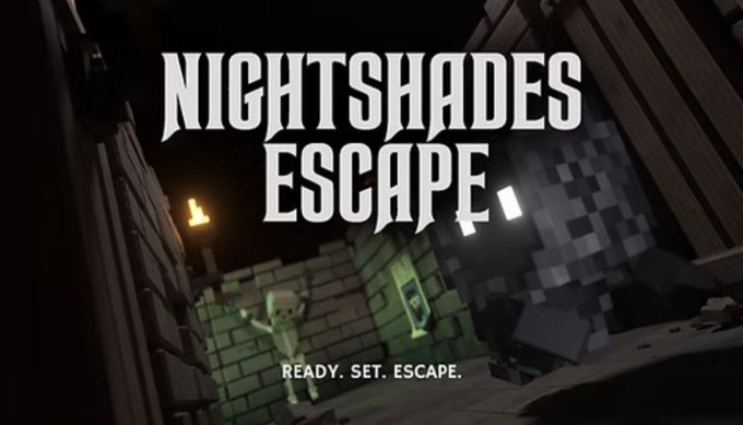 Promotional image for a game titled 'NIGHTSHADES ESCAPE' with the tagline 'READY. SET. ESCAPE.' shown in a Minecraft-style dungeon setting.