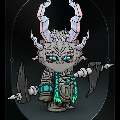 A digital illustration of a chibi-style stone golem character with glowing blue eyes, large crystalline antlers, and a turquoise scarf, holding two axe-like weapons.