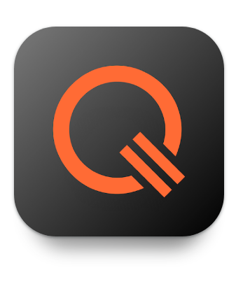 A black, rounded-square app icon featuring a stylized orange letter 'Q' with two diagonal lines resembling motion trails.