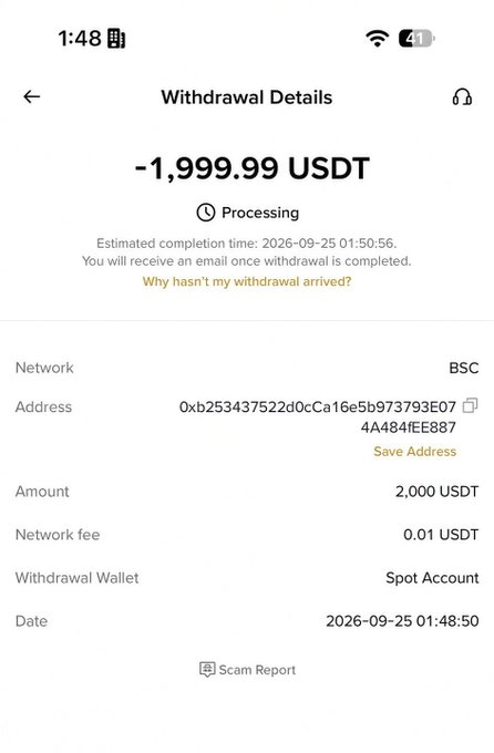 The image shows a Binance "Withdrawal Details" screen confirming a transaction of -1,999.99 USDT (2,000 USDT minus a 0.01 USDT network fee) currently processing to a BSC wallet address (0xb253437522d0cCa16e5b973793E074A484fEE887) from a Spot Account at 2026-09-25 01:48:50.

This screenshot serves as proof of the $2,000 USDT withdrawal to @naira178 mentioned in the post, though the image's 2026 date suggests it may be fabricated to support the giveaway claim.