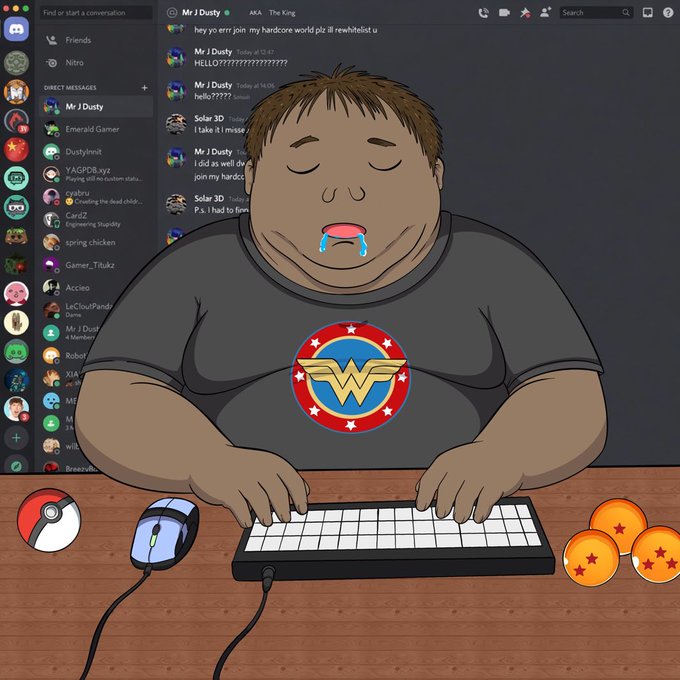 A cartoon image depicts a sleepy, exhausted-looking overweight character wearing a Wonder Woman t-shirt, drooling on a keyboard with a Pokéball nearby and Dragon Balls on the desk, set against a Discord chat background where "Mr J Dusty" sends messages like "hey yo err join my hardcore world plz ill rewhtleist u" and "I did as well dw join my hardco"—visually capturing the post's humorous jab at a 35-year-old Discord mod stuck in his grandpa's basement with nothing but a keyboard and a dream.
