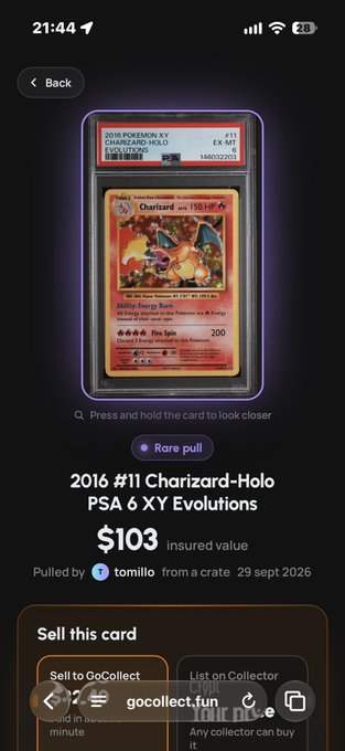 A smartphone screenshot displays a digital trading card platform showing a '2016 #11 Charizard-Holo PSA 6 XY Evolutions' card with an insured value of $103.