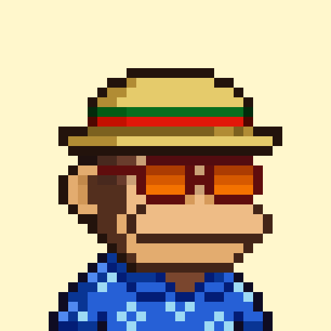 A highly pixelated silhouette of a figure wearing a wide-brimmed hat against a light yellow background.