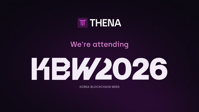 A purple promotional graphic for THENA announcing 'We're attending KBW2026 KOREA BLOCKCHAIN WEEK'.
