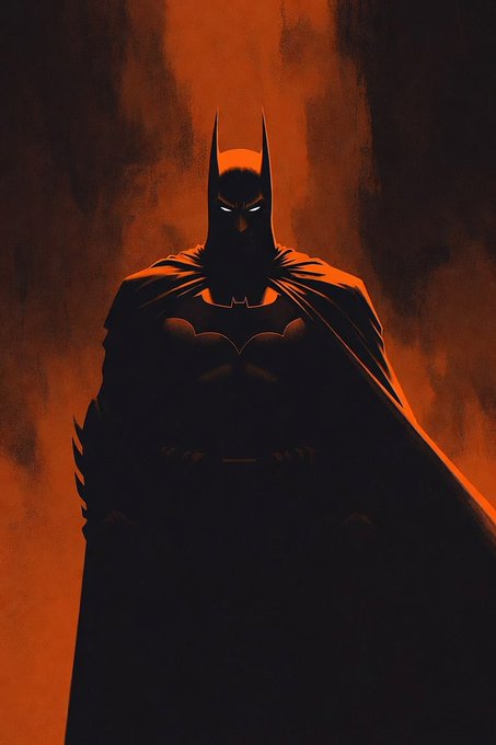 A stylized, shadowy silhouette of Batman with glowing white eyes stands against a textured orange and dark background, wearing his iconic cape and bat symbol on his chest.