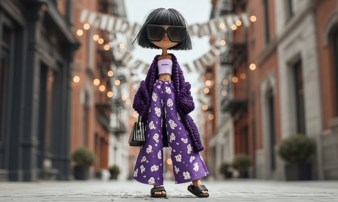 A stylized doll-like figure wearing oversized sunglasses, a purple knit cardigan, and purple patterned wide-leg pants, standing on a cobblestone street.