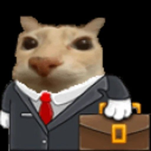 A popular internet meme featuring a cat's face superimposed on a cartoon body wearing a business suit, holding a briefcase.