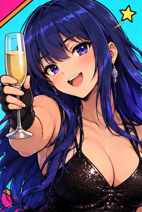 An anime-style illustration of a smiling girl with long dark blue hair and purple eyes, wearing a sparkly black dress and holding up a glass of champagne.