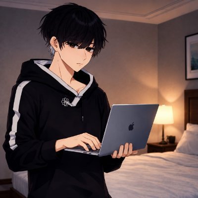 Anime-style illustration of a young man with dark hair wearing a black hoodie, holding an open Apple MacBook in a dimly lit bedroom with a bedside lamp.