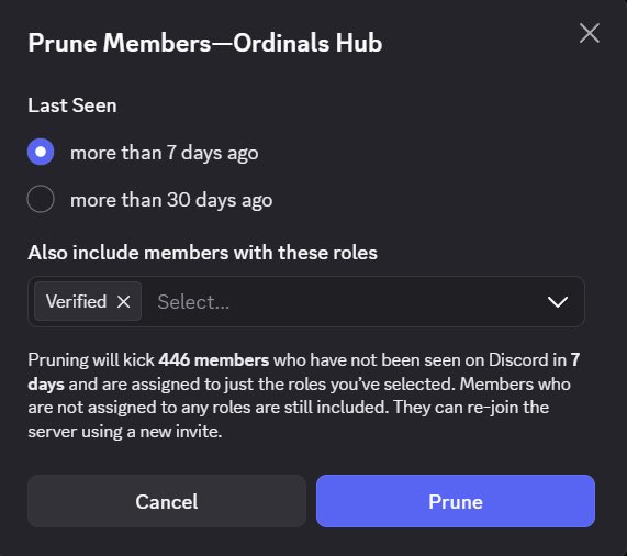 A Discord "Prune Members—Ordinals Hub" dialog box showing options to remove 446 inactive members who haven't been seen in 7 days and hold only the "Verified" role. This relates to the post by showing the server cleanup process happening during the temporary closure as the user transitions to building on Discord.