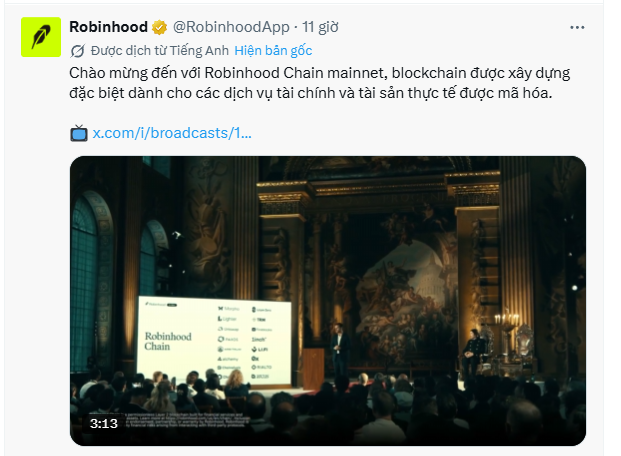 A Twitter post from Robinhood (@RobinhoodApp) translated to Vietnamese, welcoming users to the Robinhood Chain mainnet, described as a blockchain specifically built for tokenized real-world financial services and assets.
