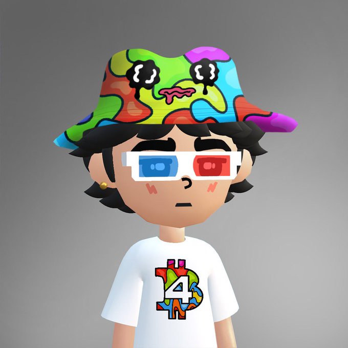A cartoon avatar wears a colorful dripping-face bucket hat, 3D glasses, and a white t-shirt featuring a multicolored "14" graphic, complementing the "gm" (good morning) crypto greeting.